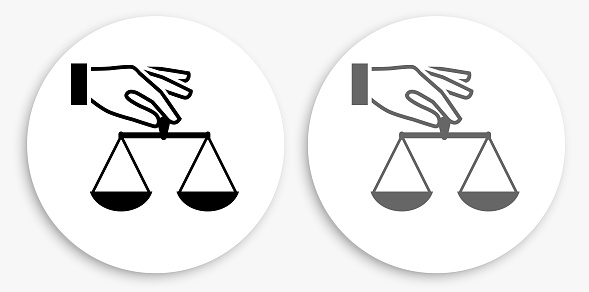 Scales of Justice Black and White Round Icon. This 100% royalty free vector illustration is featuring a round button with a drop shadow and the main icon is depicted in black and in grey for a roll-over effect.