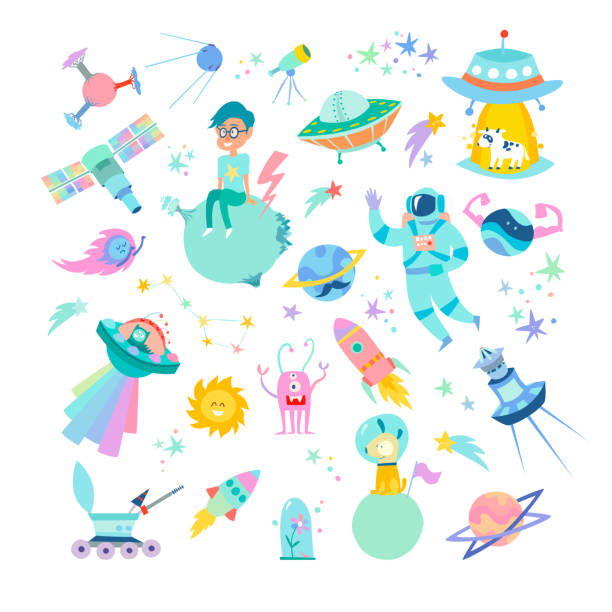 Space hand drawn cartoon vector illustrations set Space hand drawn cartoon vector illustrations set. Doodle fantastic galaxy sticker collection. Space icon isolated on white background kid stickers stock illustrations