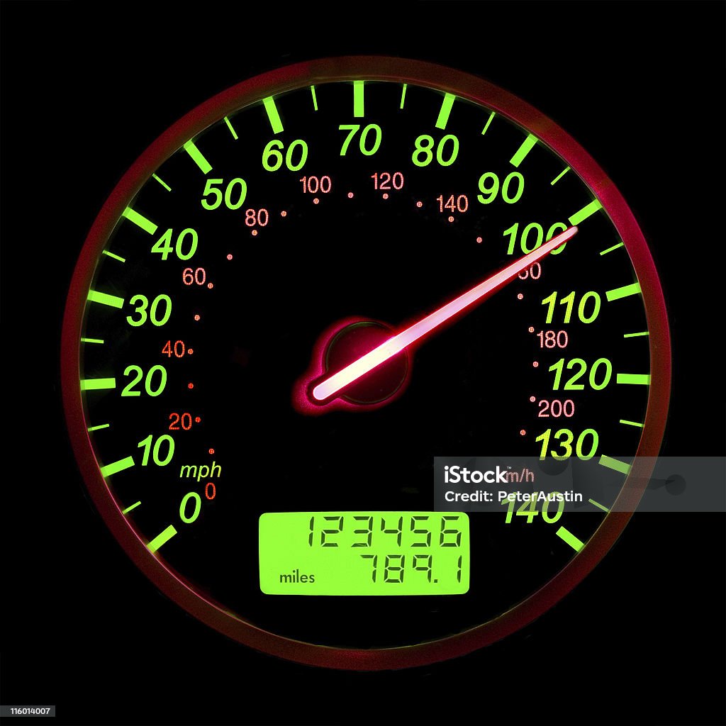 One Hundred Miles Per Hour Speedometer, self lit, showing a speed of 100 MPH. Speedometer Stock Photo