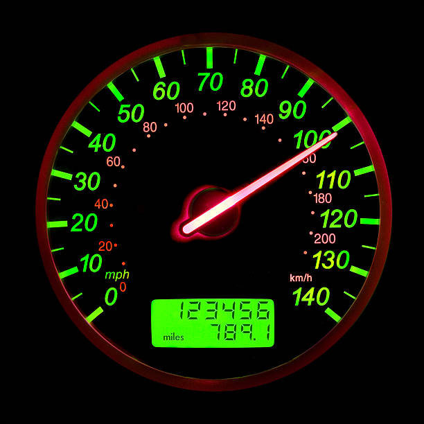 One Hundred Miles Per Hour Speedometer, self lit, showing a speed of 100 MPH. 100 mph stock pictures, royalty-free photos & images