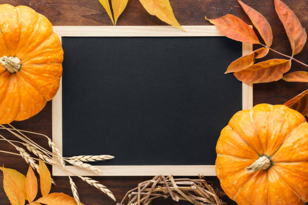 istock Fall chalkboard background with pumpkins, leaves and wheat. 1160143652