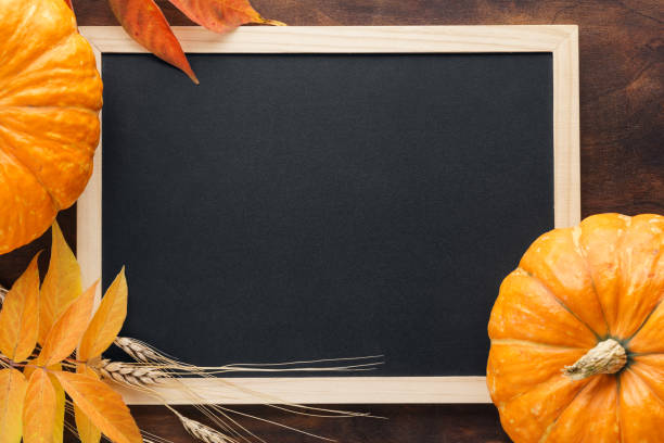 istock Fall chalkboard background with pumpkins, leaves and wheat. 1160143756