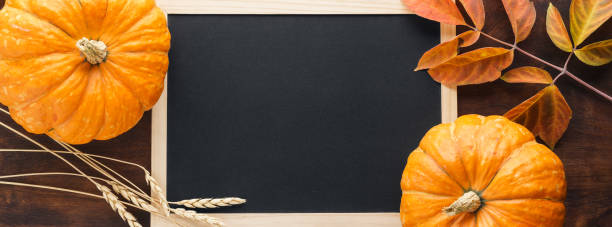 istock Fall chalkboard background with pumpkins, leaves and wheat. 1160143795