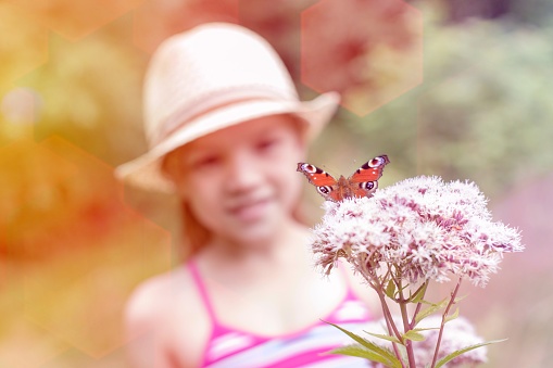 Girl looking at butterfly perching on flowers at park