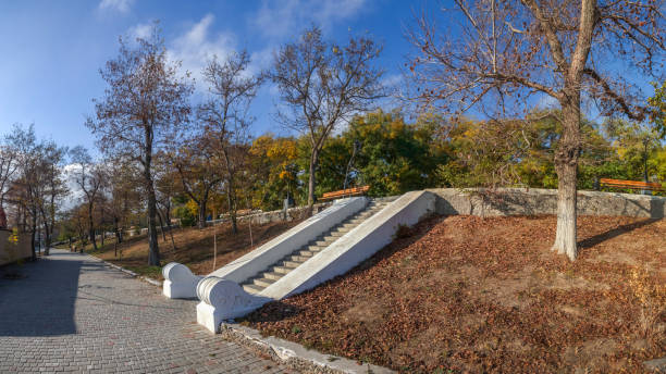 Odessa, Ukraine - 08.11. 2019.  Deserted autumn landscape of Langeron beach, the Black Sea resort in Odessa, Ukraine