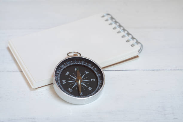 istock Compass and brown notebook on white wooden table background, journey planning concept, copy space 1160147178
