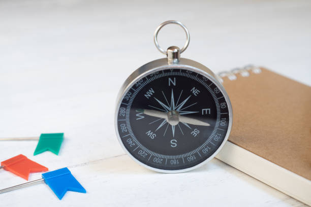istock Compass and brown notebook on white wooden table background, journey planning concept, copy space 1160147179