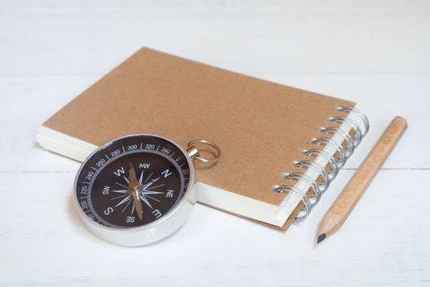 istock Compass and brown notebook on white wooden table background, journey planning concept, copy space 1160147192