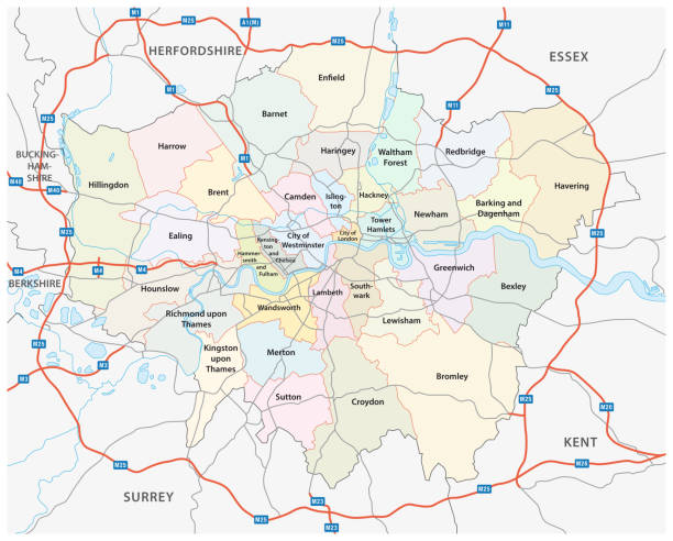 größere london straße und administrative karte - greater london illustrations stock-grafiken, -clipart, -cartoons und -symbole