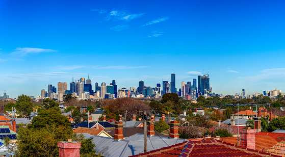 A large panorama of the city skyline of Melbourne, Victoria, Australia. View from north looking south.