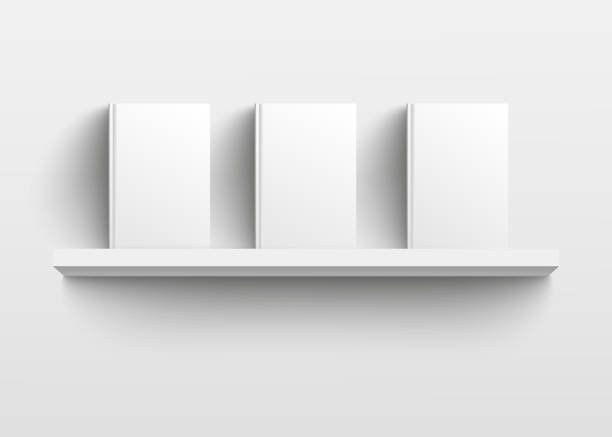 White book shelf mockup with three books, realistic blank template design with empty hard covers facing front White book shelf mockup with three books, realistic blank template design with empty hard covers facing front on a bookshelf, isolated 3d vector illustration with shadows book display stock illustrations