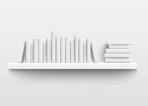 Vector illustration of White book shelf mockup on the wall, 3d realistic design of minimalist bookshelf with blank hard cover books