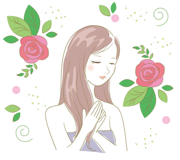 organic rose - pielęgnacja włosów kobiety - human hair women horizontal rose petals stock illustrations