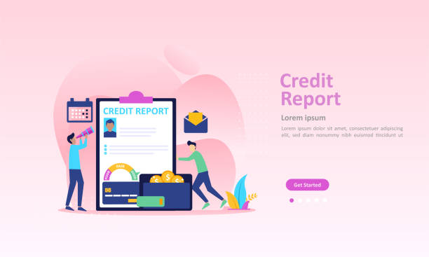 credit report konzept, persönliche credit score informationen und finanzielle bewertung, geeignet für web-landing-seite, ui, mobile app, banner-vorlage. vektor-illustration. - report history debt finance stock-grafiken, -clipart, -cartoons und -symbole