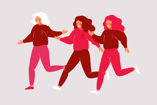 Cartoon young women running in a pink dress with ribbons. Cartoon young women running in a pink dress with ribbons. Charity race runs and fitness walks raises awareness for the breast cancer movement walking for a cause stock illustrations