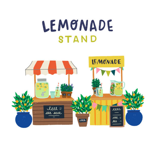 Hand drawn lemonade stands Two lemonade stands with caption text and flat style citrus bushes in flowerpots, mason jars with refreshing drinks and menu chalkboards. Cartoon hand drawn booths of cooling beverage street vendors images of lemonade stands stock illustrations