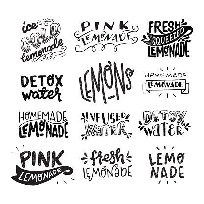 Set of black and white lettering inscriptions about Pink, Homemade, Ice Cold, Fresh Squeezed Lemonade, Lemons, Detox and Infused Water. Hand drawn text sticker kit on healthy cooling drinks. Vector