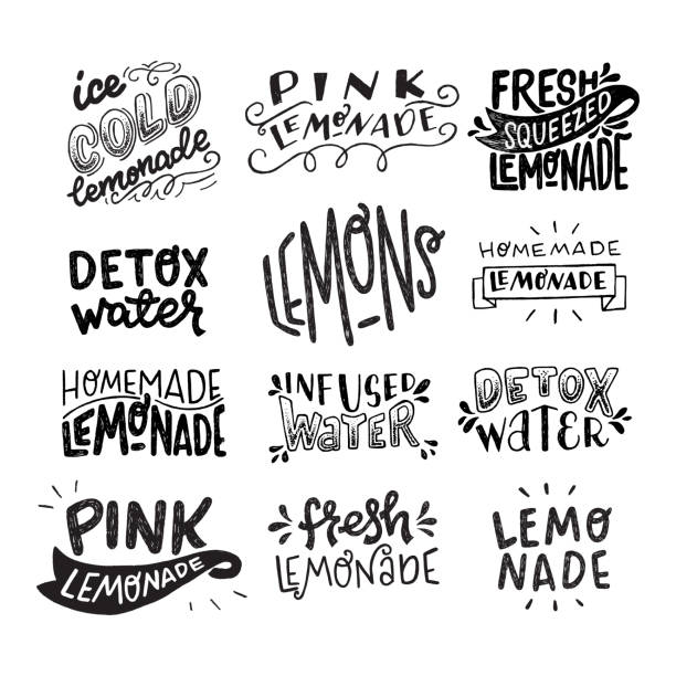 Set of hand lettering phrases about lemonade Set of black and white lettering inscriptions about Pink, Homemade, Ice Cold, Fresh Squeezed Lemonade, Lemons, Detox and Infused Water. Hand drawn text sticker kit on healthy cooling drinks. Vector non western script stock illustrations