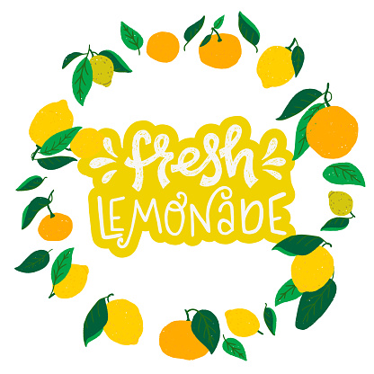 Fresh Lemonade lettering inscription in round frame of citrus fruits and leaves. Sunny card with hand drawn text about cooling natural drink surrounded by flat style lemons, oranges and mandarins