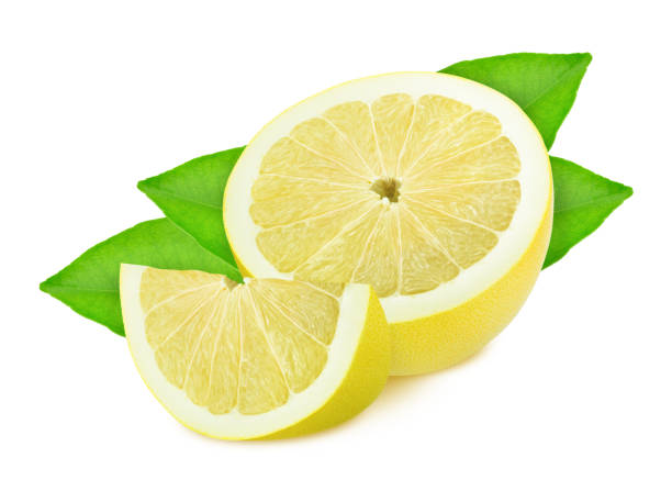 istock Half and slice of pomelo with leaves isolated on white background. 1160153679