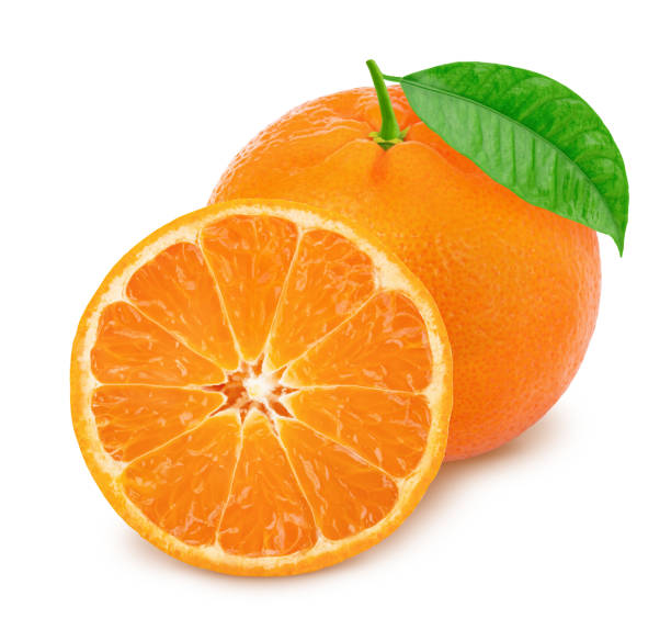 Whole and halved mandarins isolated on white background.