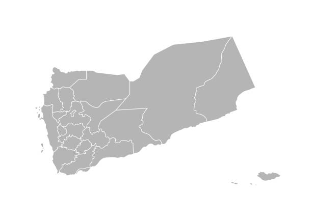 ilustraciones, imágenes clip art, dibujos animados e iconos de stock de ilustración aislada vectorial del mapa administrativo simplificado de yemen. fronteras de las regiones de las provincias (gobernados). siluetas grises. esquema blanco - mosque of al bayda