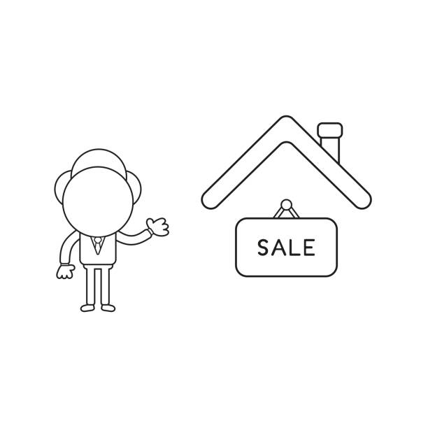 Vector illustration of businessman character with sale hanging sign under house roof. Black outline. Vector illustration concept of businessman character with sale hanging sign under house roof. Black outline. charter document stock illustrations
