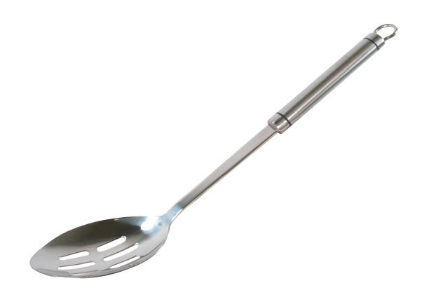 istock Stainless steel big slotted kitchen spoon isolated on white background. 1160161712