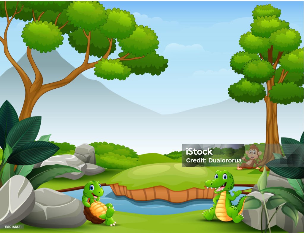 Happy Animals Living By The River Stock Illustration - Download Image Now -  Standing Water, Turtle, Animal - iStock