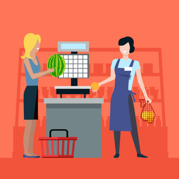 illustrazioni stock, clip art, cartoni animati e icone di tendenza di shopping nell'illustrazione vettoriale del negozio di alimentari. - orange uniform