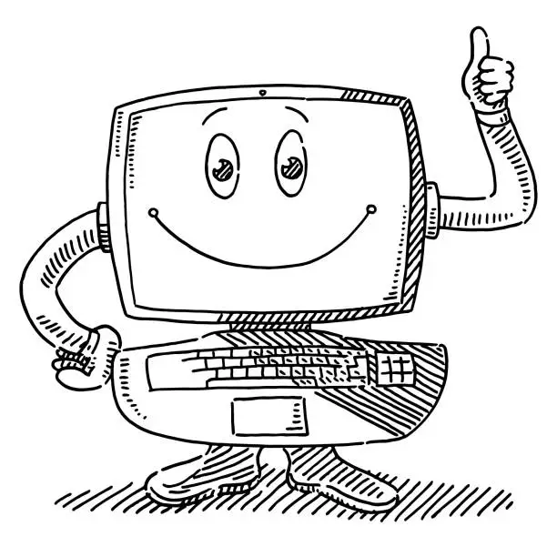 Vector illustration of Cartoon Figure Computer Thumbs Up Drawing