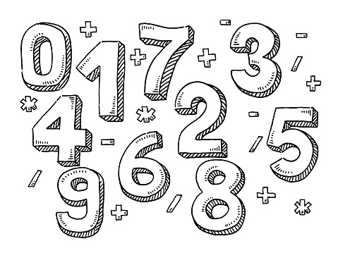 Hand-drawn vector drawing of a set of Numbers And Mathematical Symbols. Black-and-White sketch on a transparent background (.eps-file). Included files are EPS (v10) and Hi-Res JPG.