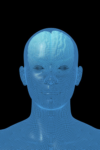 3D Rendering image of human brain. Wireframe model isolated on black background.