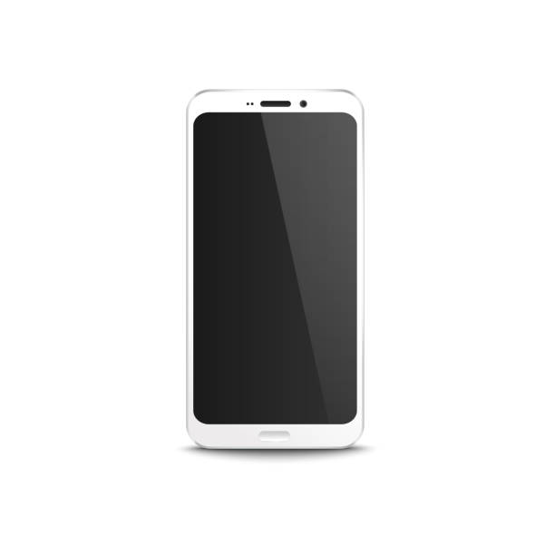 istock White mobile phone with black blank display, realistic mockup of modern smartphone with locked home screen 1160177993