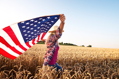 Attractive blonde female walking through wheat field and holding USA waving flag. Powerful economy and agriculture of the United States of America.