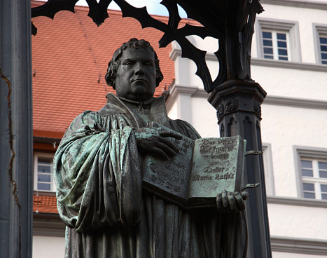Statue of apostle Peter with sword at church St Petri Dom in Bremen. Statues were made around 1900 by Salzmann and Ehrhardt