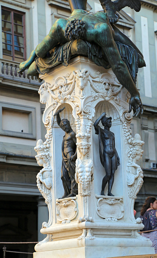 FLORENCE, ITALY - AUGUST 27, 2018: Perseus with the Head of Medusa Statue, Loggia dei Lanzi near Palazzo Vecchio building palace, Florence, Italy