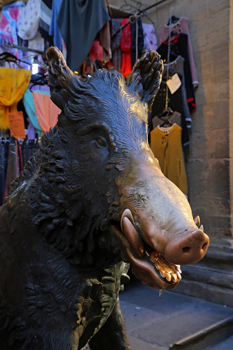 Wild pig mouth sculpture at san lorenzo market at historic center of florence, italy