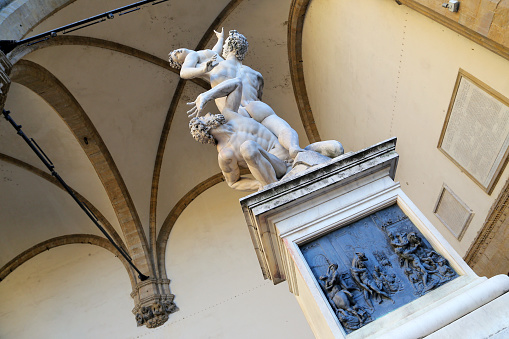 FLORENCE, ITALY - AUGUST 27, 2018: Statue in Loggia dei Lanzi The of the Sabine Women