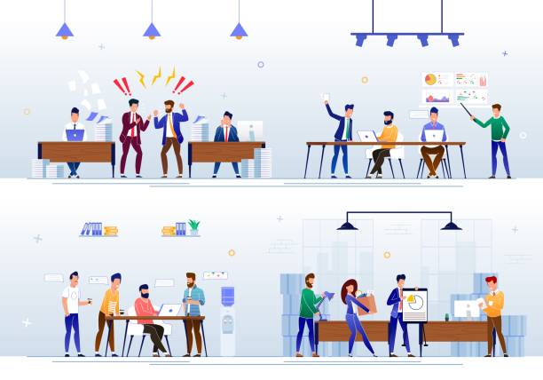 Employees in Office Situations Vector Concepts Business People in Different Office Situations Flat Vector concepts Set. Company Employees Working at Project, Making Negotiations, Removing to New Office, Colleagues Arguing on Workplace Illustration office coworker stock illustrations