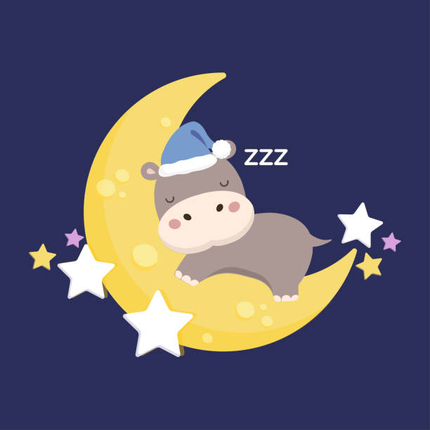 Little Hippo sleeping on the moon. Little Hippo sleeping on the moon. half moon stock illustrations