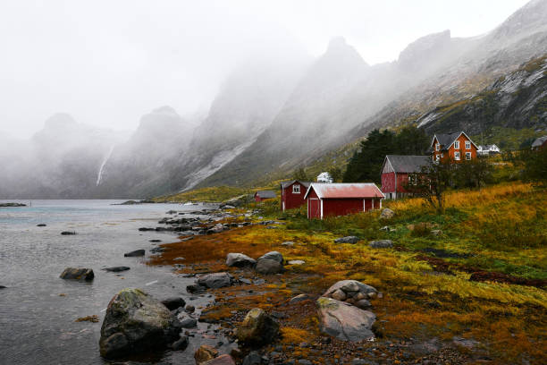 красные деревянные дома на побережье на лофотенских островах в норвегии - fishing hut стоковые фото и изображения