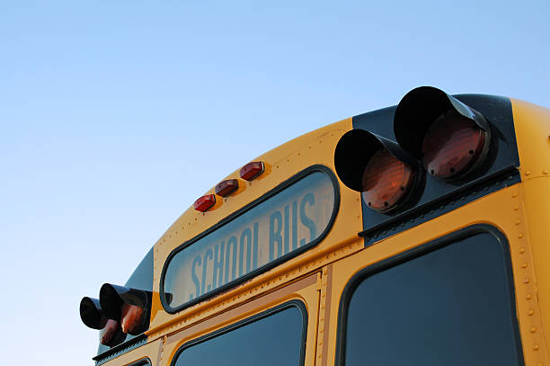 istock School Bus Rear View with a Clear Blue Sky 116019088
