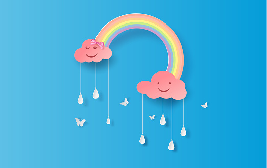 illustration of Character Rainbow in the rainy season. Paper cut design for clouds and rainbow in rain time.Creative idea paper craft by pastel color minimal style on blue background. vector. EPS10.