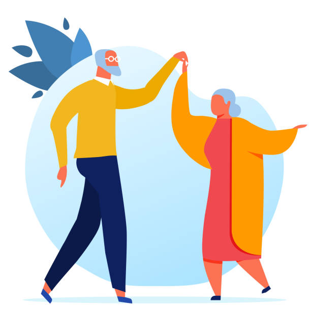 Elderly Couple Dancing Flat Vector Illustration Elderly Couple Dancing Flat Vector Illustration. Grandfather and Grandmother Cartoon Characters. Old Man and Woman, Married Pair Waltzing Together. Happy Retirement, Nursing Home Pastime happy family stock illustrations