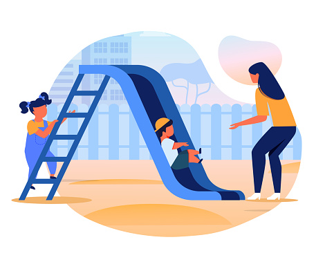 Kids with Mom on Slide Flat Vector Illustration. Little Girl, Boy and Young Woman Cartoon Characters. Mother, Adult Babysitter Playing with Children on Playground. Outdoor Games, Babysitting