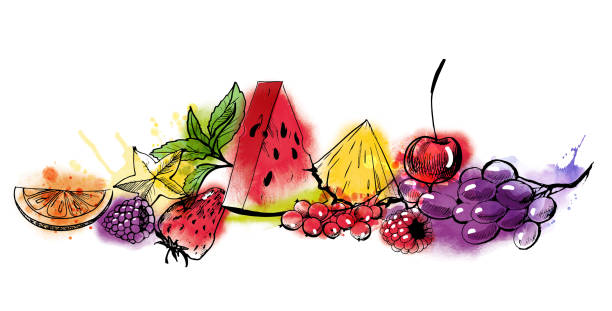 수채화 과일과 딸기 - vanilla ice cream ice ice cream organic stock illustrations