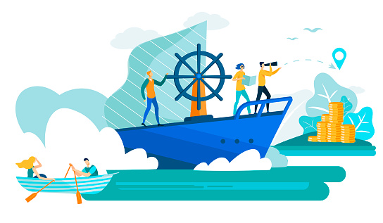 Business People in Boat and Ship Cartoon Flat Vector Illustration. Man with Spyglass Leading Business Team Sailing for Island with Money. Idea Teamwork and Leadership. Moving Towards Success.