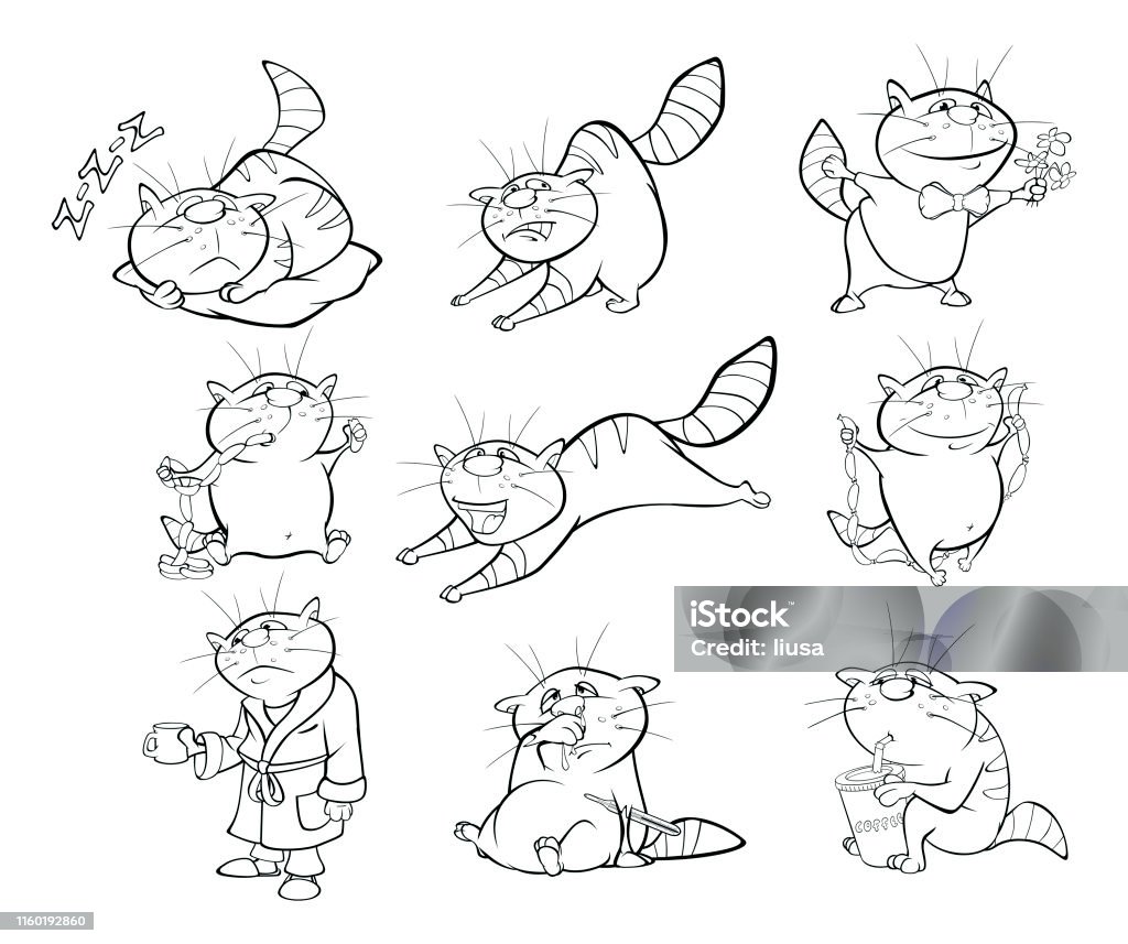 Vector Illustration Of A Cute Cartoon Character Cat For You Design And  Computer Game Coloring Book Outline Set Stock Illustration - Download Image  Now - iStock