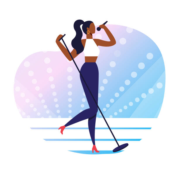 Popular Singer Performance Vector Illustration Popular Singer Performance Vector Illustration. Talented Young Woman Holding Microphone Cartoon Character. Professional Vocalist, African American Artist Singing Live on Stage. Pop Music Concert fame illustrations stock illustrations